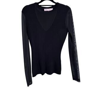 Crave Fame Black Ribbed Knit Long Sleeve Mesh Panel Illusion Neck Top Large Goth